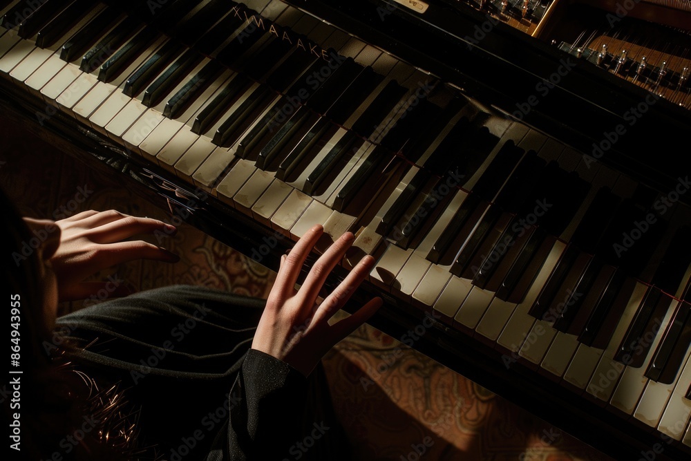 Fototapeta premium A woman sits at a piano in a darkened room, focusing on her music