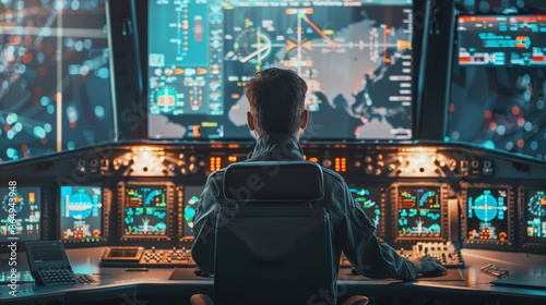 Pilot sits at his desk, planning flight paths and checking aircraft systems on multi computer screens. It is a wide shot taken with high resolution photography, view from behind