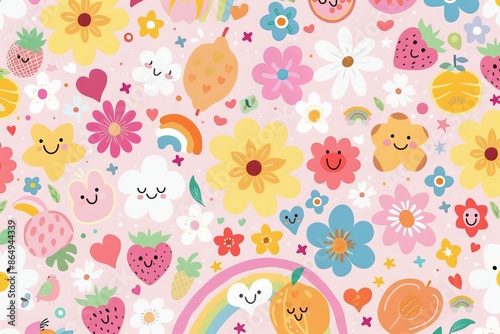 Cute colorful pattern of flowers with smiley faces, fruit, love hearts and rainbows. Pastel tones