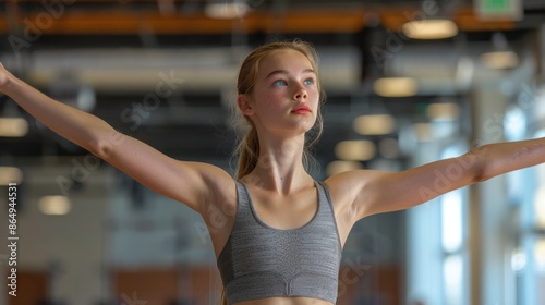 A young woman practicing ballet in a dance studio