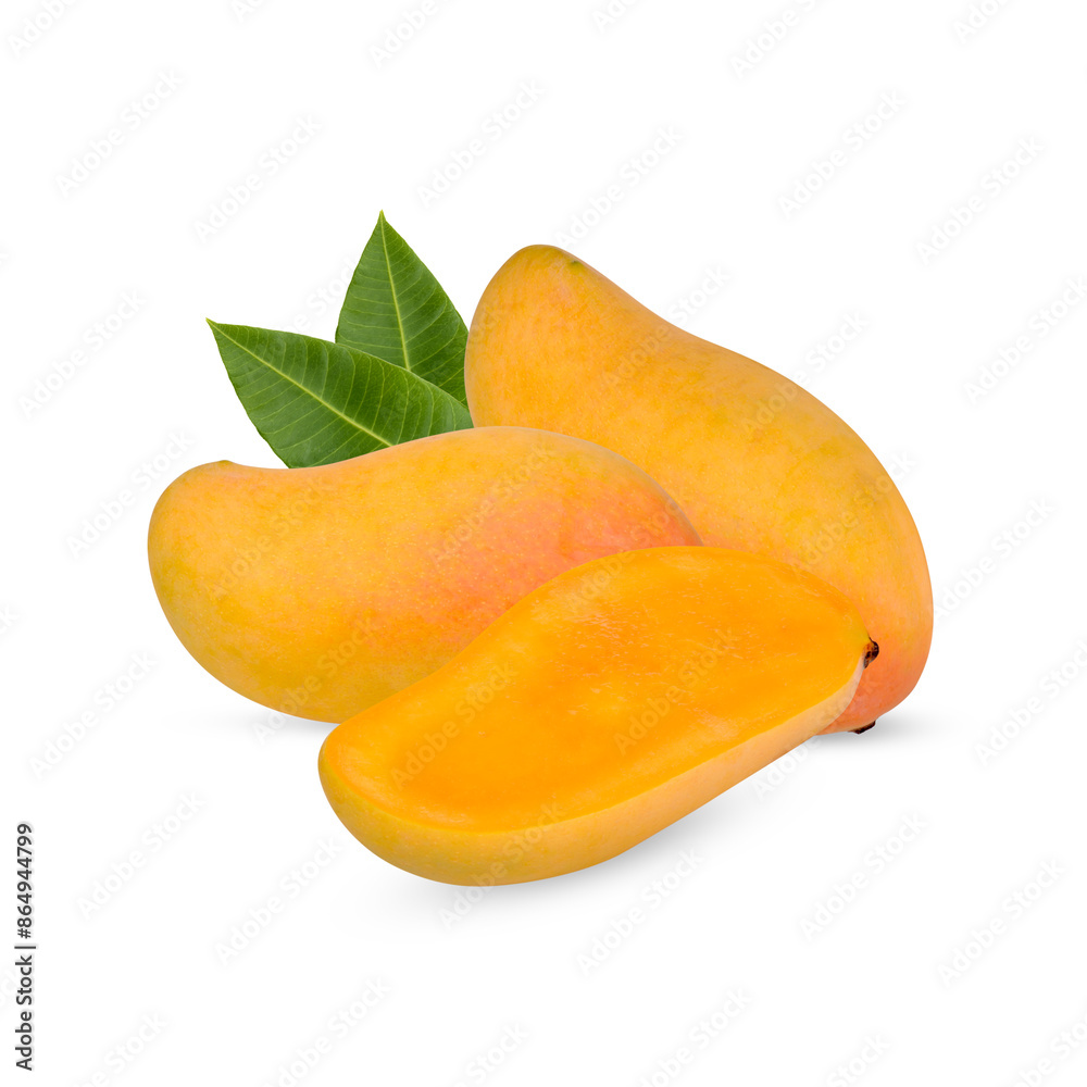 Mango fruit and sliced with leaves isolated on white background Mango fruit and sliced with leaves isolated on white background
