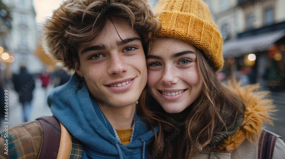 A young couple taking a selfie in a bustling city square A young couple taking a selfie in a bustling city square