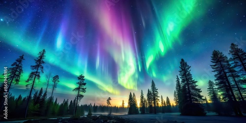 A stunning aurora borealis dancing in the night sky above a peaceful forest, Aurora, borealis, northern lights, night sky, forest