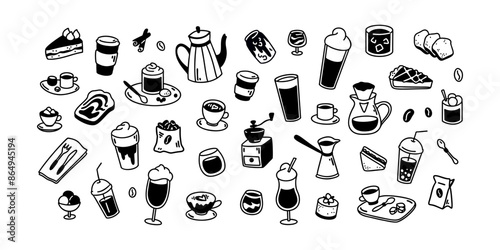 Doodle coffee icons set. Hand drawn cafe, restaurant, patisserie menu cute line elements. Food and beverage drawings. Coffee, tea, espresso, latte, mocha, matcha, milkshake, cocktail sketch
