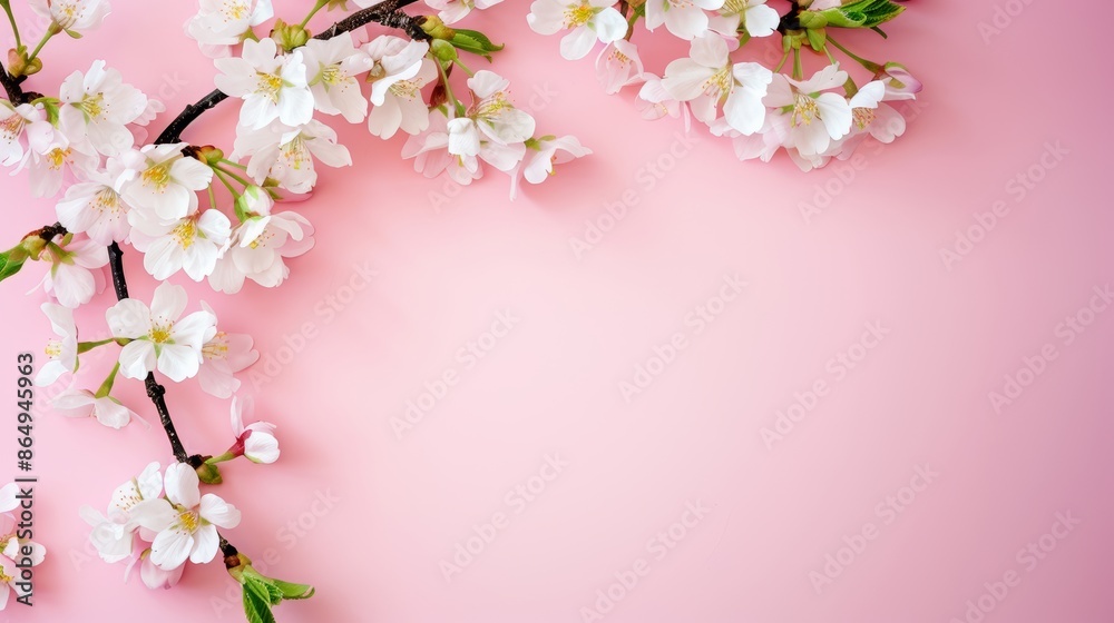 Obraz premium Fresh branch of white cherry blossoms on light pink background. Pastel color. Flat lay. Closeup. Empty place for inspirational text. lovely quote or positive sayings