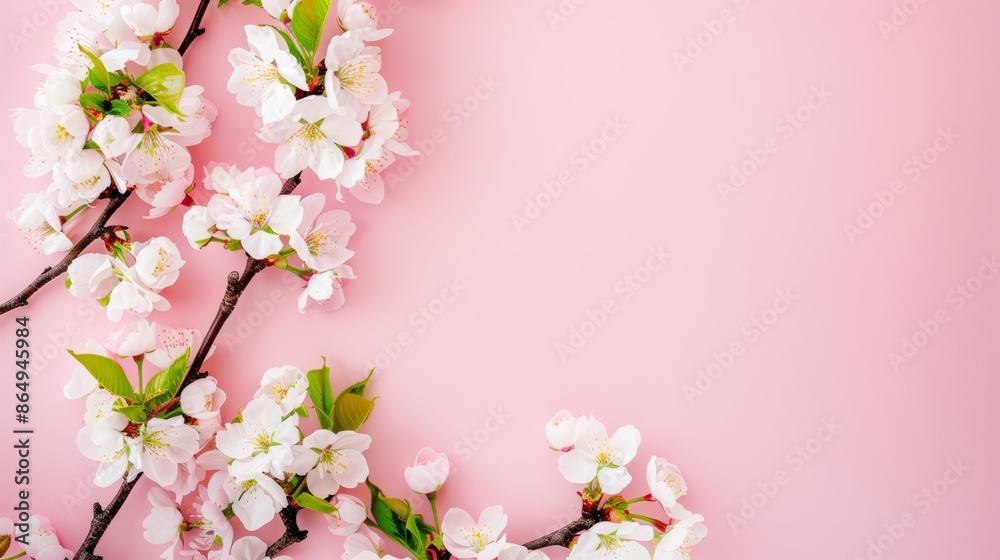 Fresh branch of white cherry blossoms on light pink background. Pastel color. Flat lay. Closeup. Empty place for inspirational text. lovely quote or positive sayings Fresh branch of white cherry blossoms on light pink background. Pastel color. Flat lay. Closeup. Empty place for inspirational text. lovely quote or positive sayings