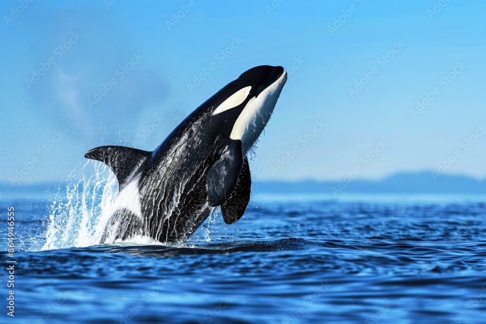 Obraz premium A majestic black and white whale leaps out of the ocean, showcasing its power and agility