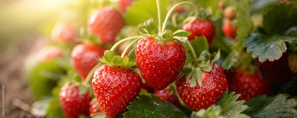 This image captures a beautiful close-up of ripe strawberries glistening in the sunlight on a strawberry plant, showcasing their vibrant red color and fresh, juicy texture. This image captures a beautiful close-up of ripe strawberries glistening in the sunlight on a strawberry plant, showcasing their vibrant red color and fresh, juicy texture.