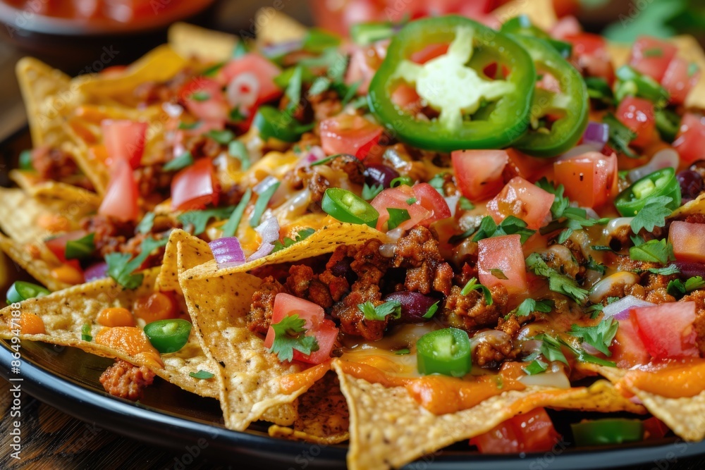 A plate of nachos topped with meat and vegetables, perfect for a snack or meal A plate of nachos topped with meat and vegetables, perfect for a snack or meal