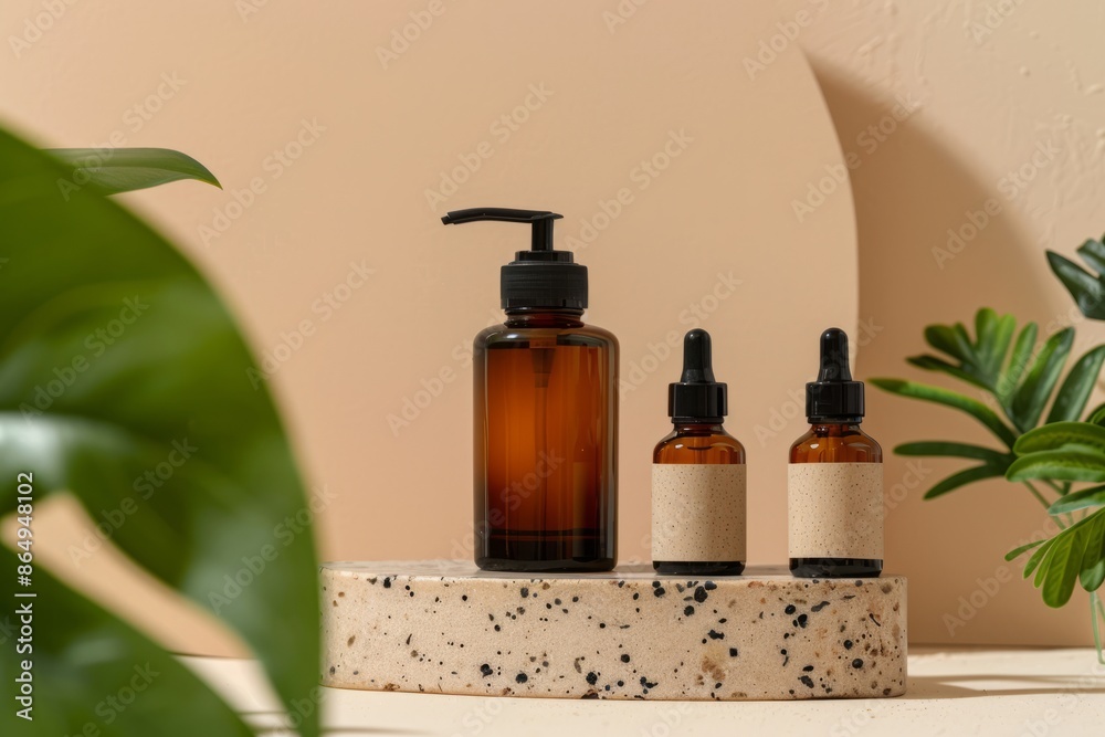 A brown glass bottle of body lotion with a black pump and two bottles of face serum
