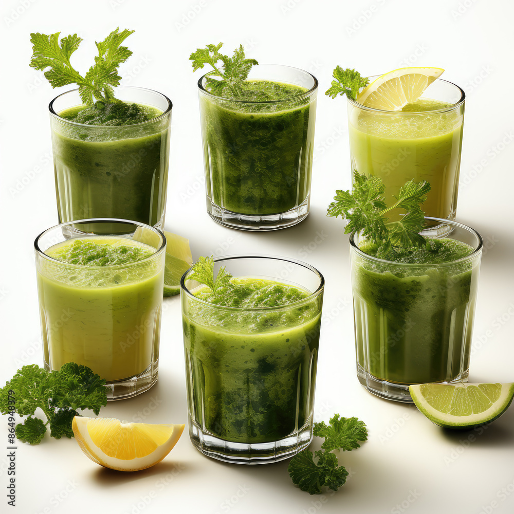 Set of Green Juices in Different Glasses: Flat Design Set of Green Juices in Different Glasses: Flat Design