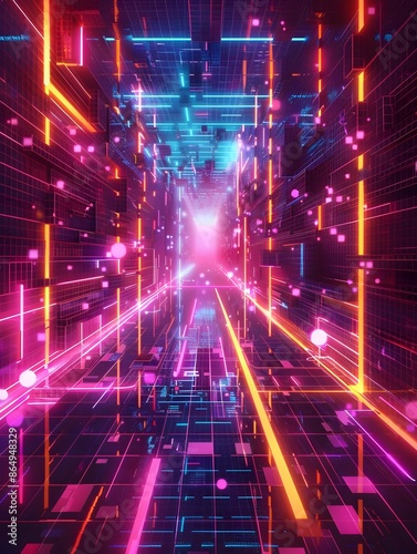 Futuristic Retro Digital Tunnel of Vibrant Neon Infused Glitchy Scanlines and Fractal Patterns