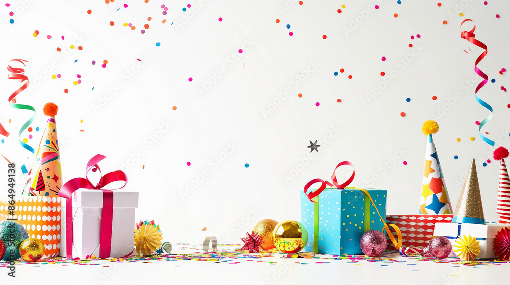 Fototapeta premium Birthday party background featuring party hats and gifts on a white background, capturing the essence of a joyful celebration with colorful decorations, festive balloons and cheerful vibes