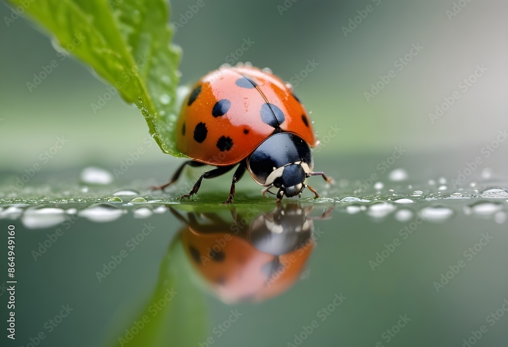 Fototapeta premium A ladybug sitting on a leaf and drinking water from the lake. Macro photography