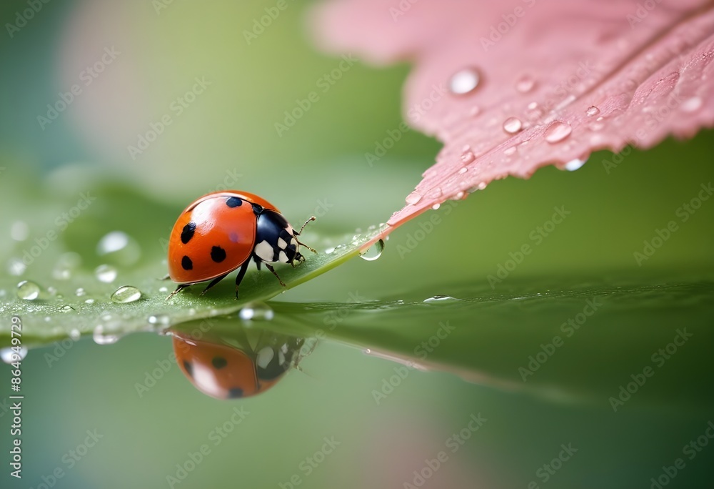 Little ladybug walking on a large leaf close up. Macro photography Little ladybug walking on a large leaf close up. Macro photography