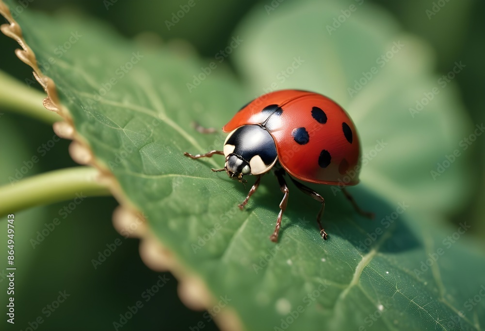 Fototapeta premium Little ladybug walking on a large leaf close up. Macro photography