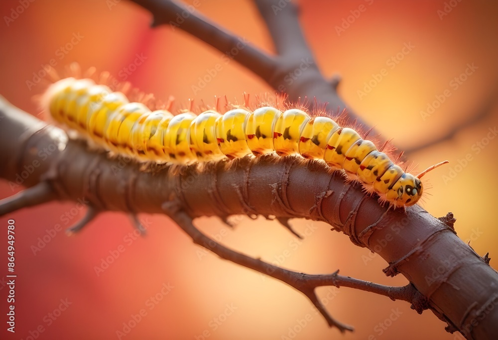 Fototapeta premium Yellow earthworm walking on a branch close up. Macro photography