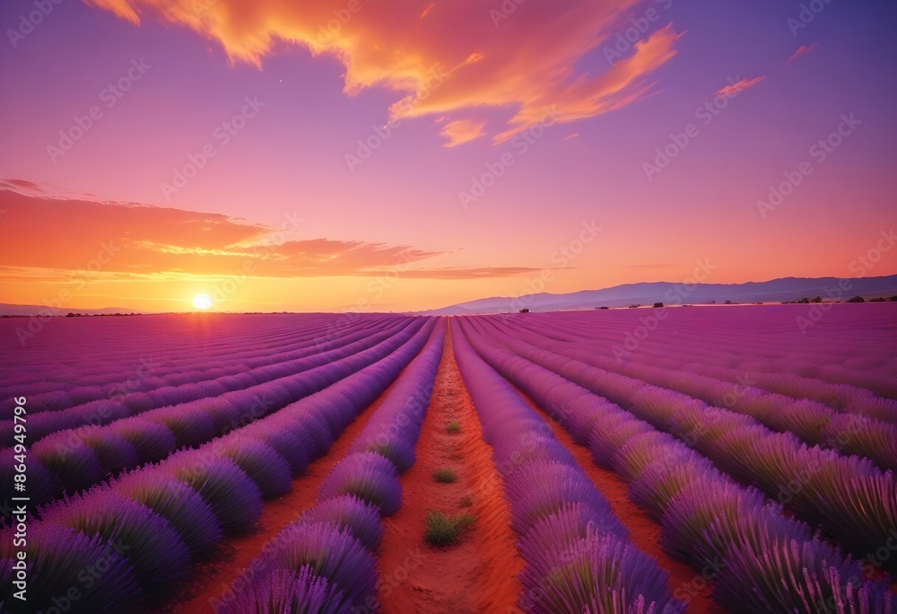 Fototapeta premium Vast lavender fields during sunrise