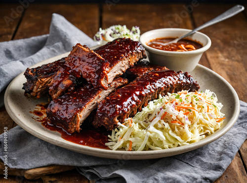 Mouthwatering plate of barbecue ribs, slathered in tangy barbecue sauce, served with coleslaw and cornbread photo