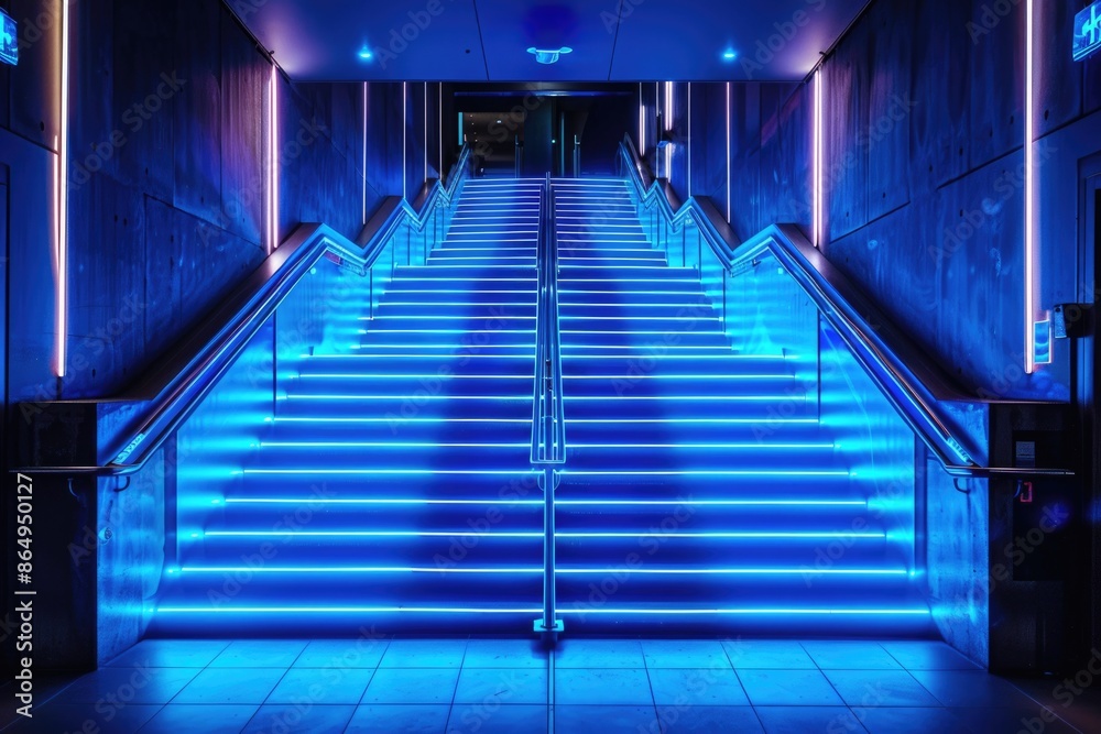 A set of stairs illuminated with blue lights, perfect for use in scenes requiring a unique and eye-catching lighting effect A set of stairs illuminated with blue lights, perfect for use in scenes requiring a unique and eye-catching lighting effect