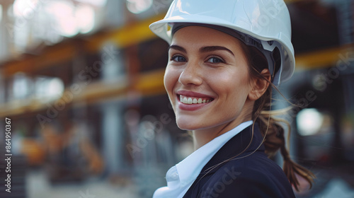 Young businesswoman in a suit and a white construction helmet at a construction site © Ruslan
