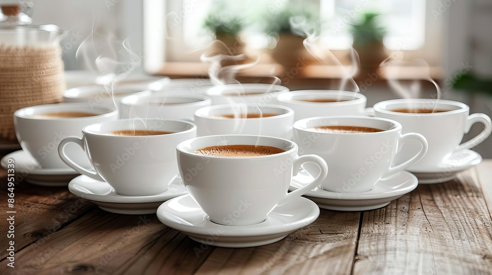 A neatly arranged set of white coffee cups on saucers A neatly arranged set of white coffee cups on saucers