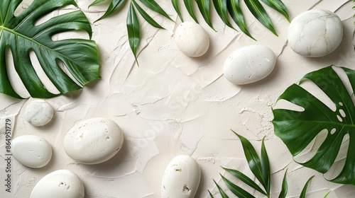 A tranquil spathemed image with smooth white stones and green tropical leaves arranged on a soft