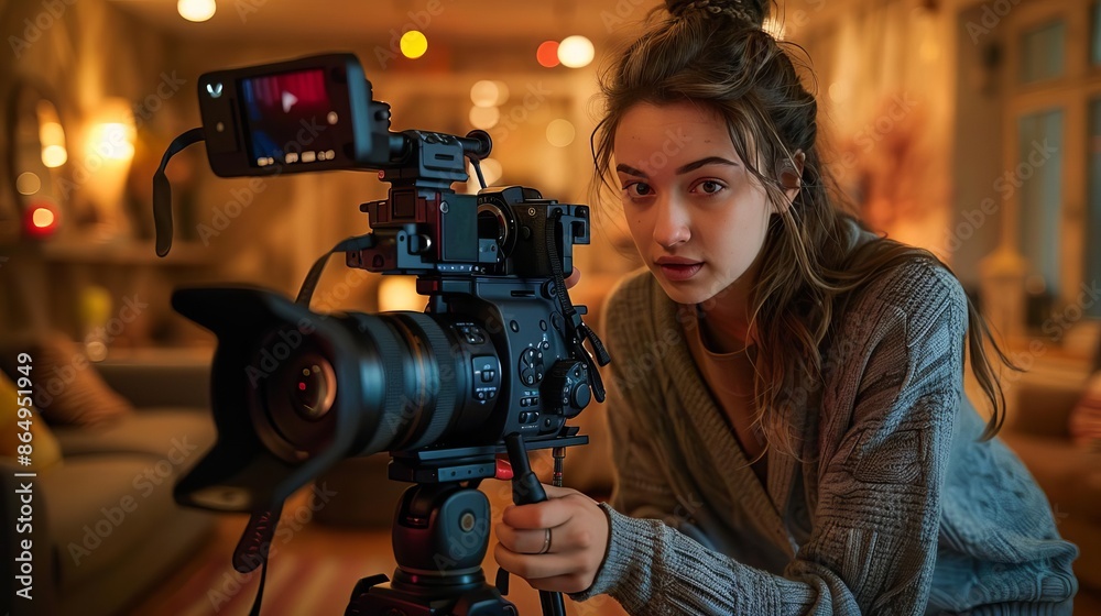 A young woman setting up a camera on a tripod