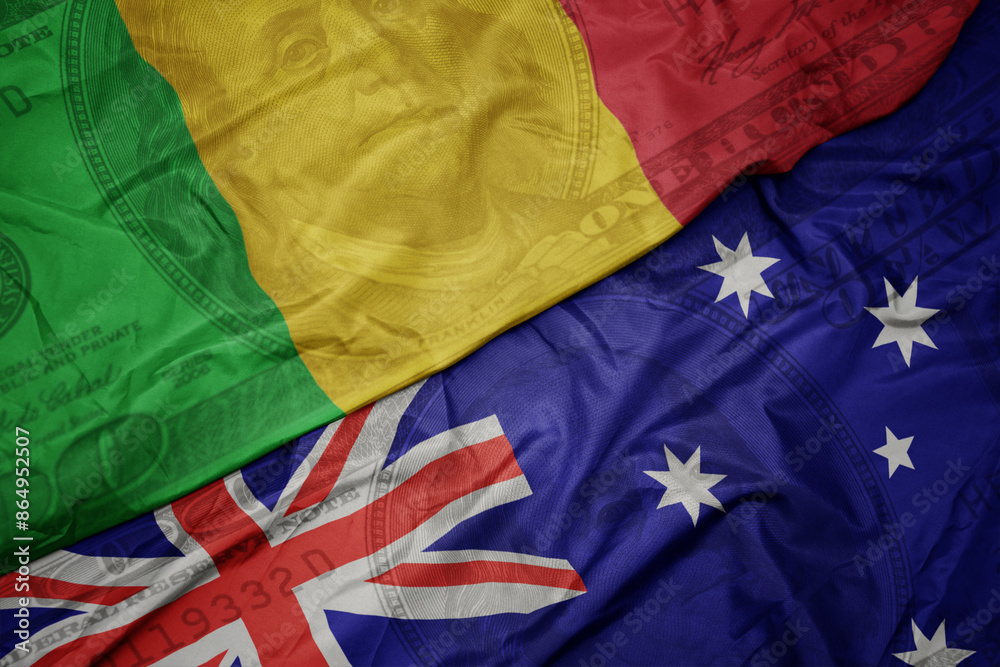 waving colorful flag of mali and national flag of australia on the dollar money background. finance concept.