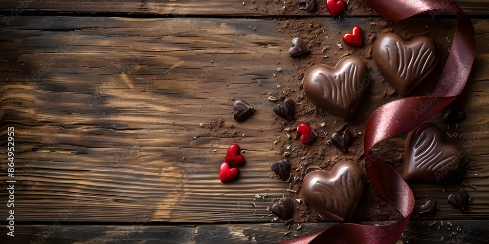 Naklejka premium Closeup of Valentine's Day chocolate ribbon candy hearts on old wooden background. Concept Valentine's Day, Chocolate, Ribbon Candy, Hearts, Wooden Background
