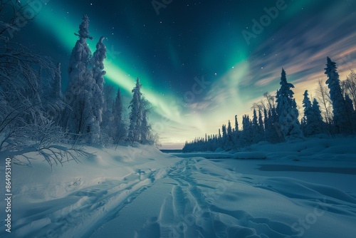 Northern Lights Over Snowy Forest Landscape