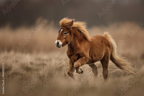 A brown horse gallops across a field of high grass, capturing the beauty of nature