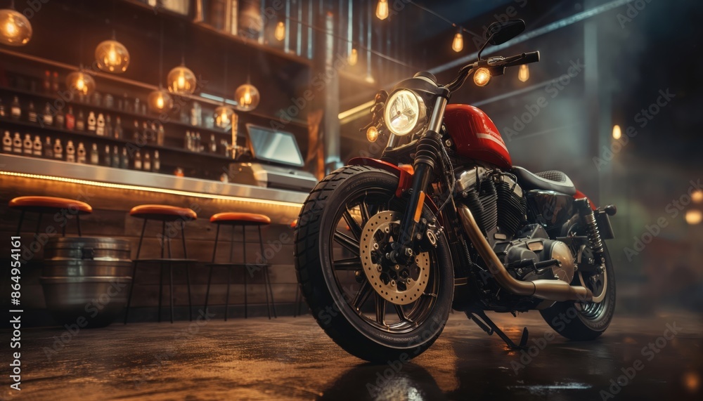 A sleek red motorcycle sits inside a stylish, modern bar with wooden stools, elegant lighting, and a variety of drinks on shelves, highlighting a unique decor style.