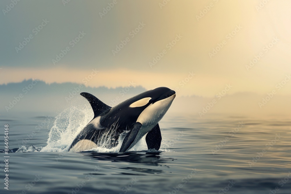 Fototapeta premium A whale jumps out of the water, creating a splash