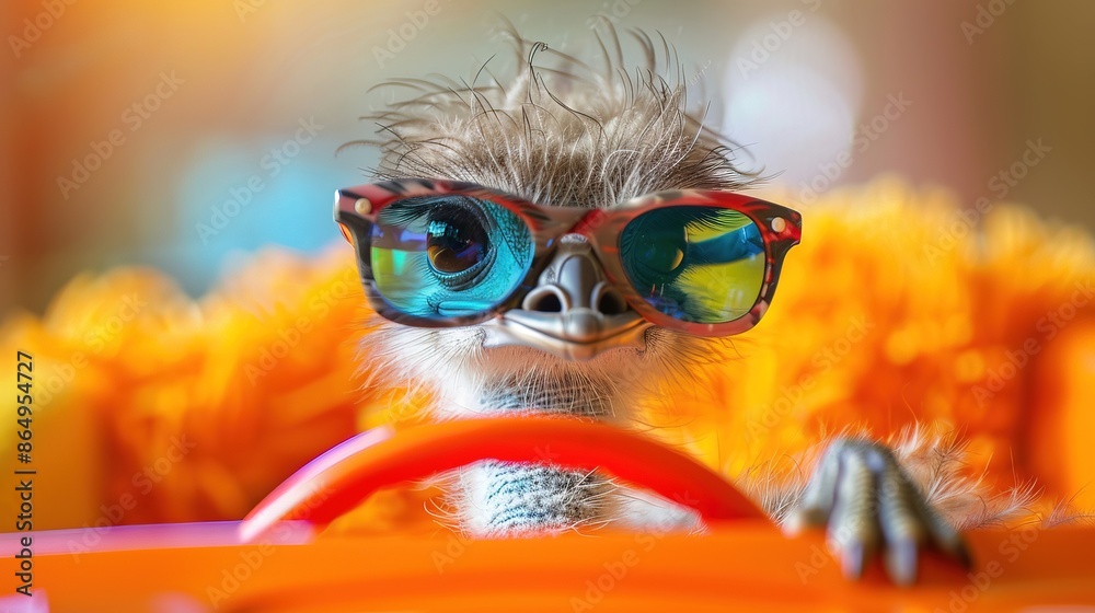Cute emu bird with sunglasses in toy car on colorful background Cute emu bird with sunglasses in toy car on colorful background