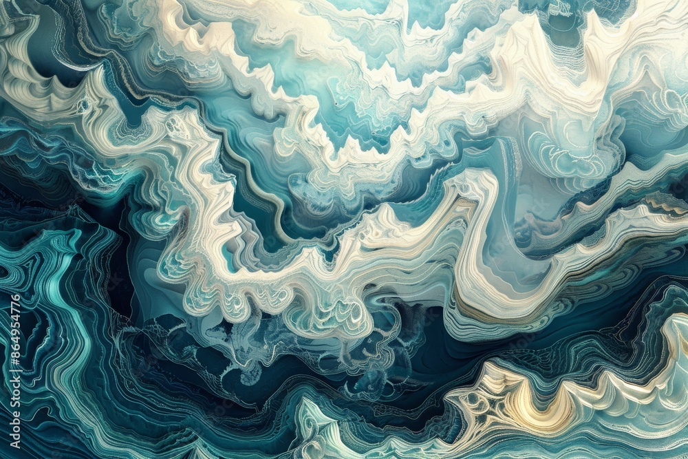 Blue and white swirls depict a surreal interpretation of the ocean in this abstract painting, A surreal interpretation of the cycle of growth and healing