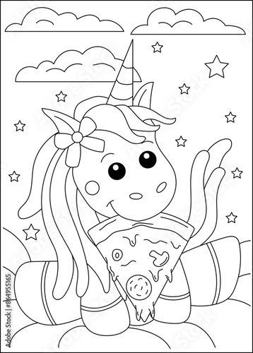 unicorn fun pizza coloring book page