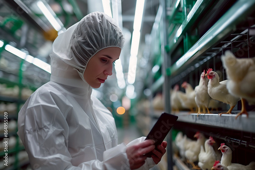 A worker in full biosecurity gear, including a hooded suit and face shield, is inspecting chickens in a modern poultry farm.  photo