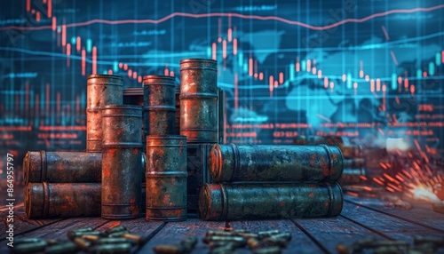 The image depicts barrels and bullet cases arranged with a background of global financial charts, symbolizing the interconnectedness of the global economy and warfare. photo