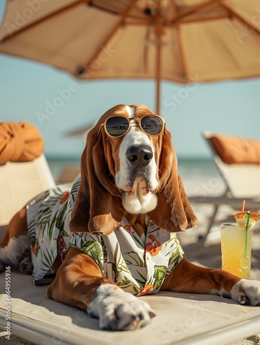 Cheerful Basset Hound Enjoying Magazine Photoshoot at Beach with Tropical Flair photo