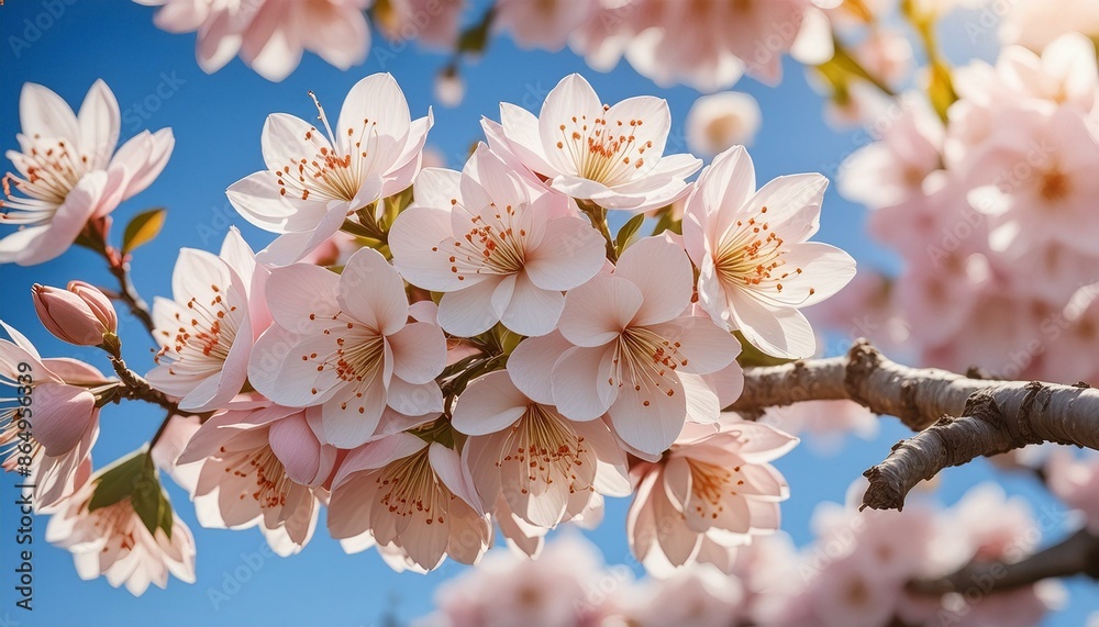 Fototapeta premium Delicate cherry blossom buds against a backdrop of blue sky.