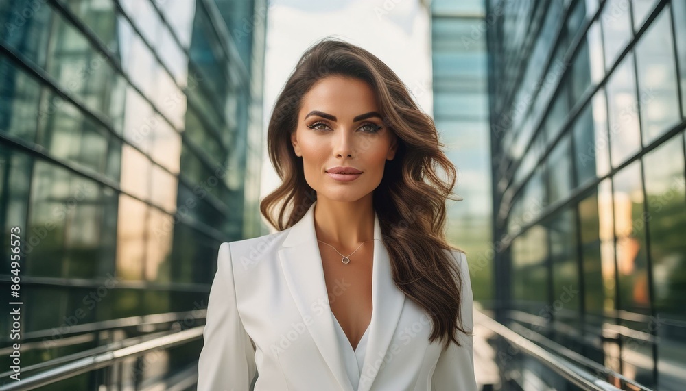 Modern woman in a white suit against the backdrop of glass office buildings. Modern woman in a white suit against the backdrop of glass office buildings.