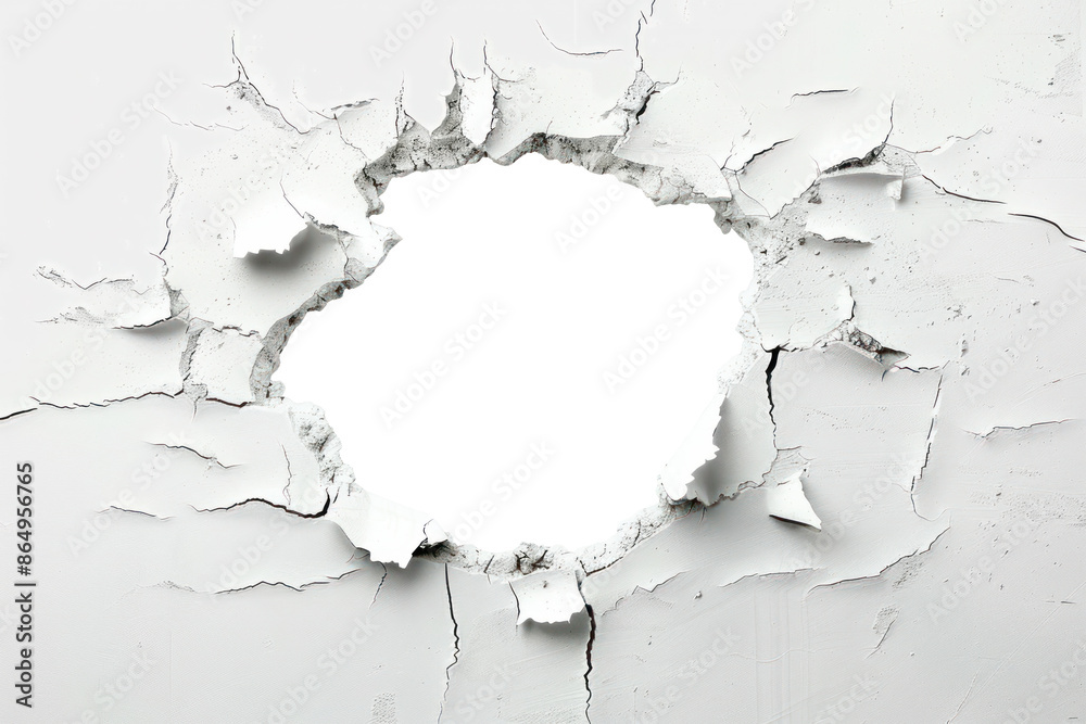 hole breaking through white wall, transparent background, cut out, clipping path, PNG