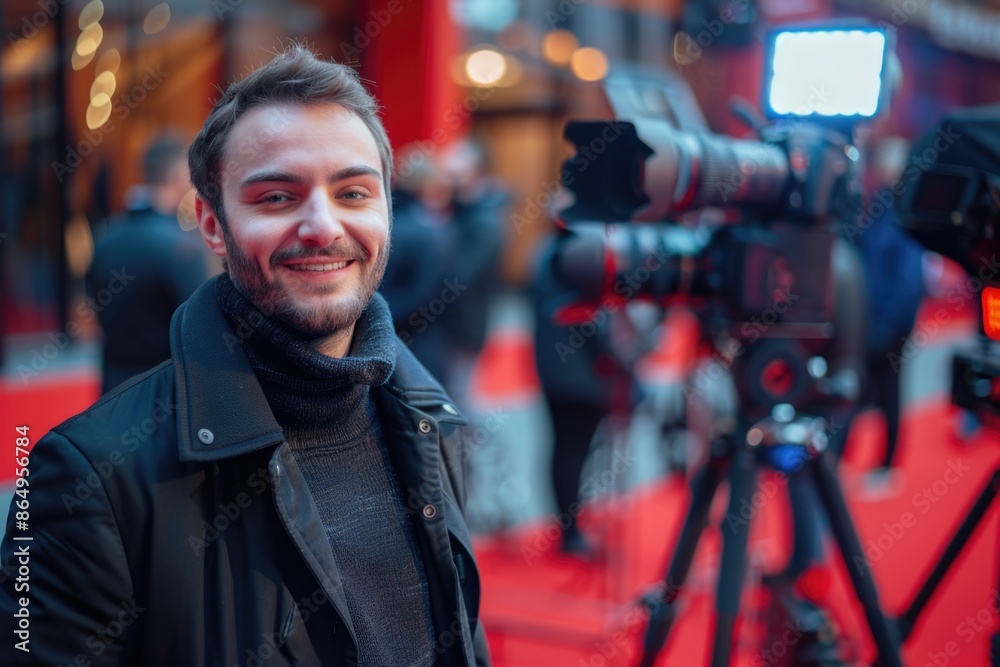 A man standing in front of a camera on a red carpet, ready for an event or interview A man standing in front of a camera on a red carpet, ready for an event or interview