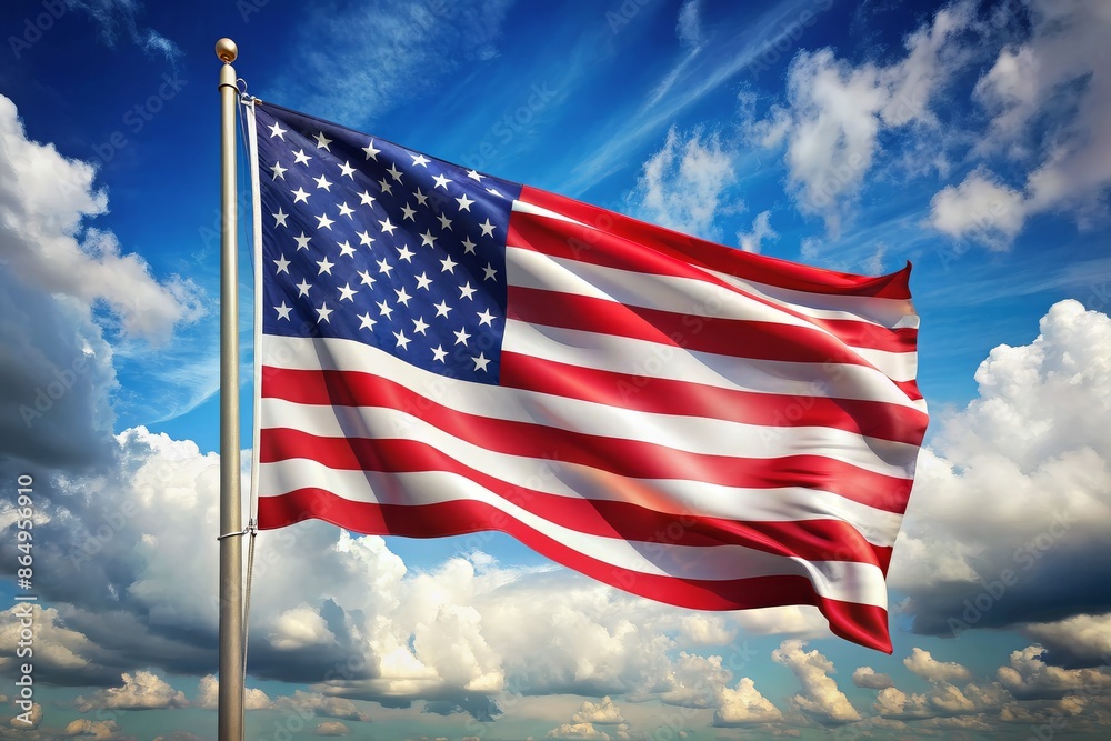 A large American flag is flying in the sky A large American flag is flying in the sky