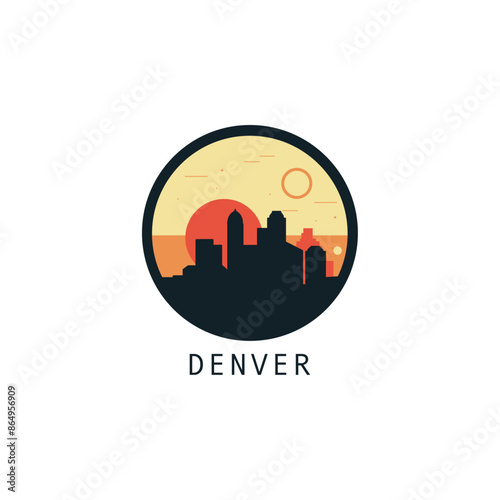 Denver skyline, downtown panorama logo, logotype. USA, Colorado state round badge contour, isolated vector vintage pictogram with monuments, landmarks