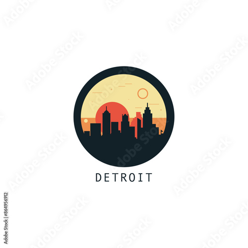 Detroit skyline, downtown panorama logo, logotype. USA, Michigan state round badge contour, isolated vector vintage pictogram with monuments, landmarks