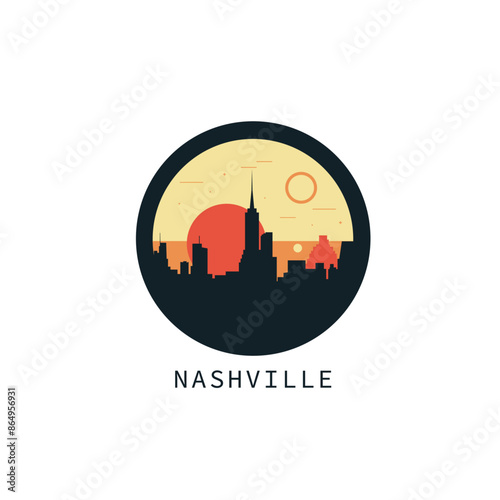 Nashville skyline, downtown panorama logo, logotype. USA, Tennessee state round badge contour, isolated vector vintage pictogram with monuments, landmarks