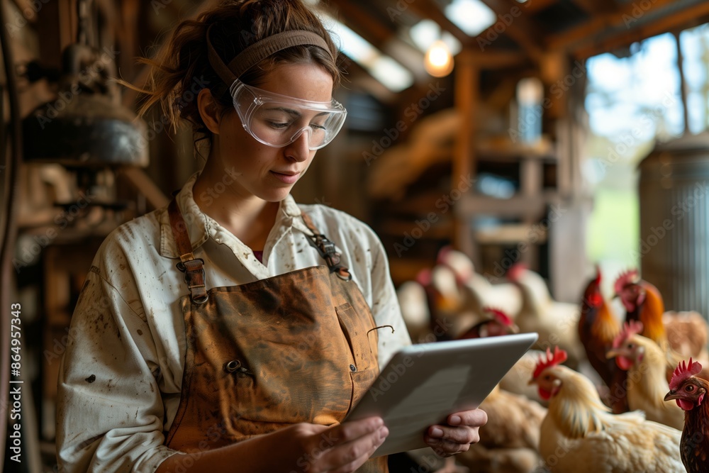 A young female farmer wearing protective goggles and a stained apron uses a tablet while standing in a chicken coop. A young female farmer wearing protective goggles and a stained apron uses a tablet while standing in a chicken coop.