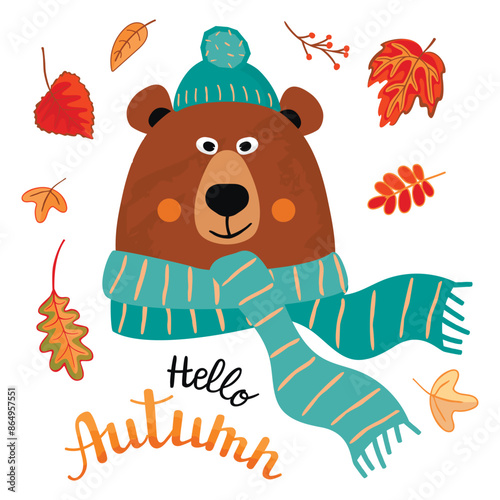 Autumnal card with bear head in warm hat and scarf.White background with fall leaves and hand lettered text.Colorful print with cute cartoon character. Vector animal design for poster,banner,fabric.

